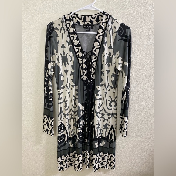 Analili Black and Cream Patterned Dress Long Sleeve Size Small‎ - Picture 2 of 5